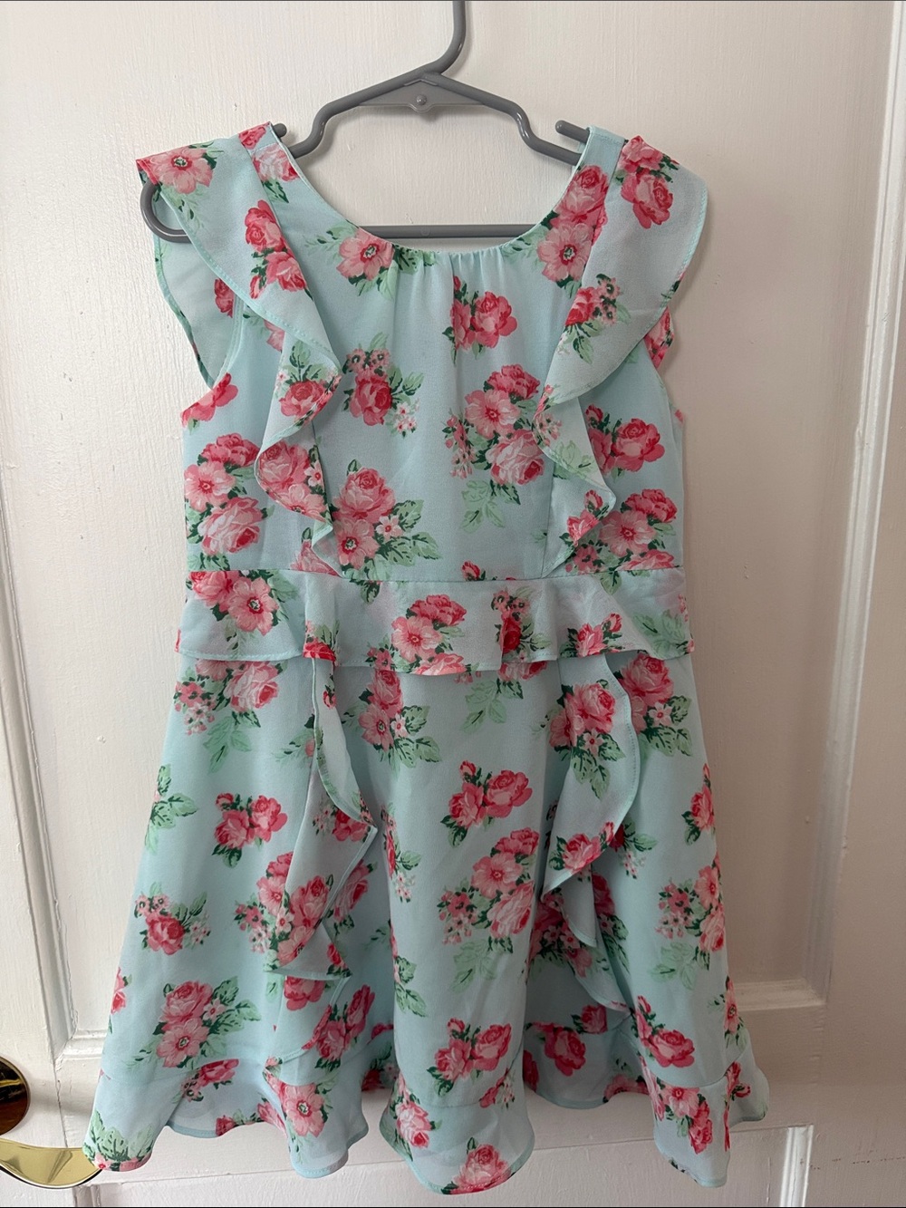 Janie and Jack Mint Floral Ruffle Dress with Pink Roses